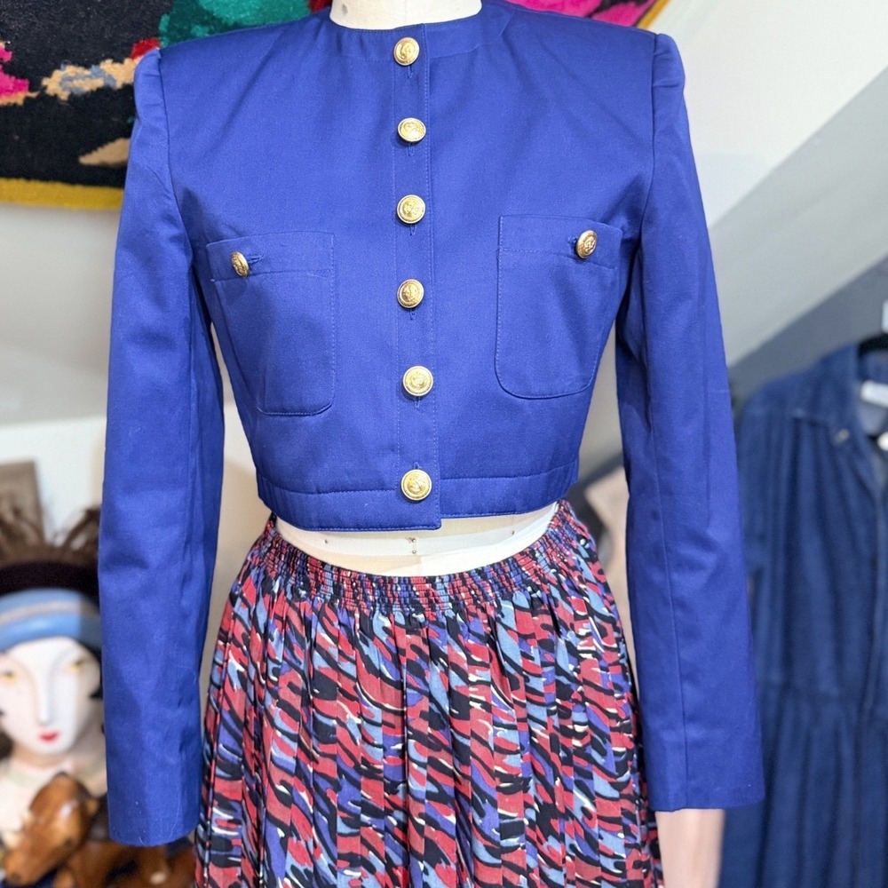 Forenza Vintage 80s Navy Blue Cropped Military Style Jacket Gold Buttons - S